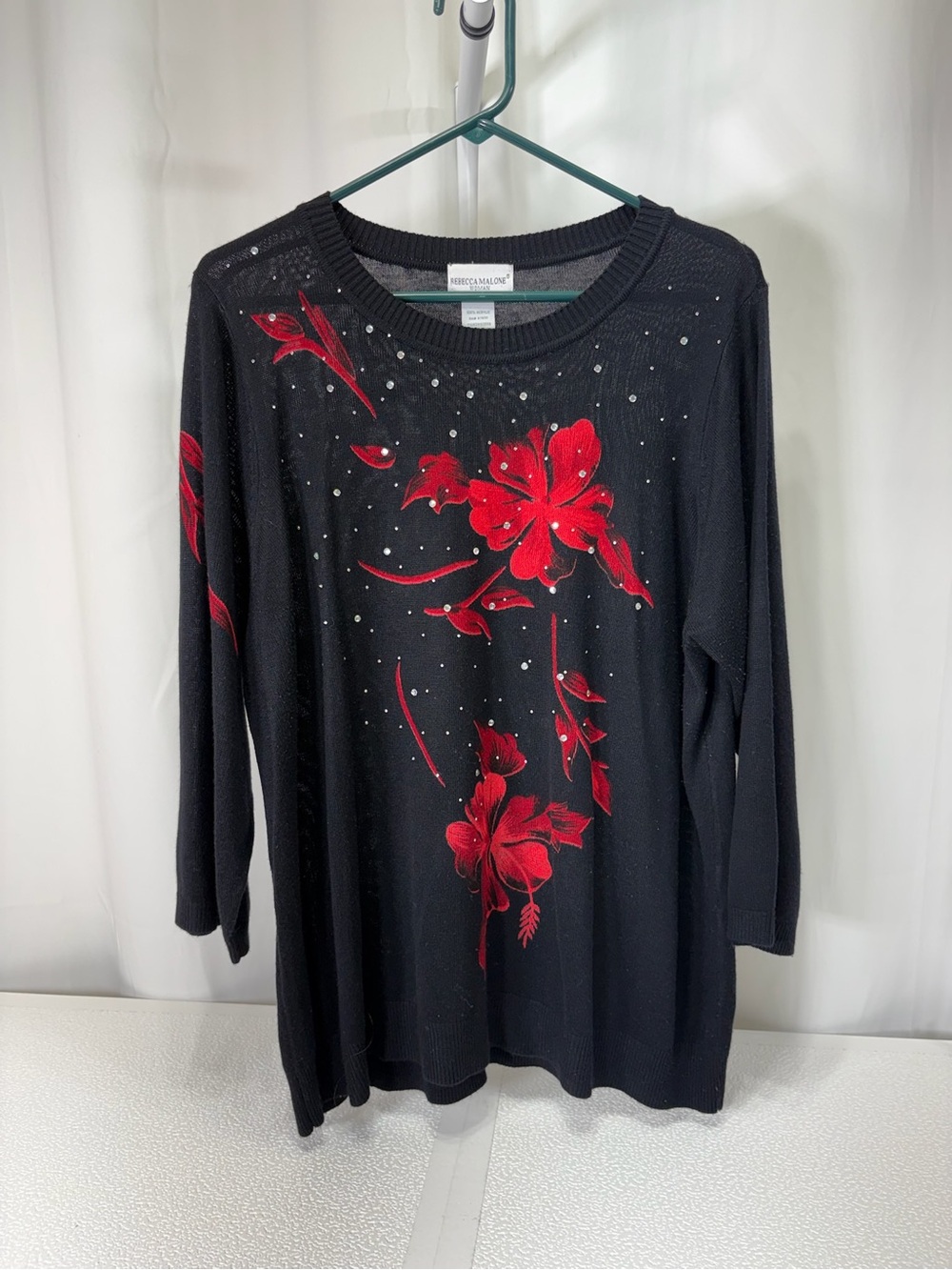 Rebecca Malone Black Knit Sweater with Red Floral Embellishments 4285